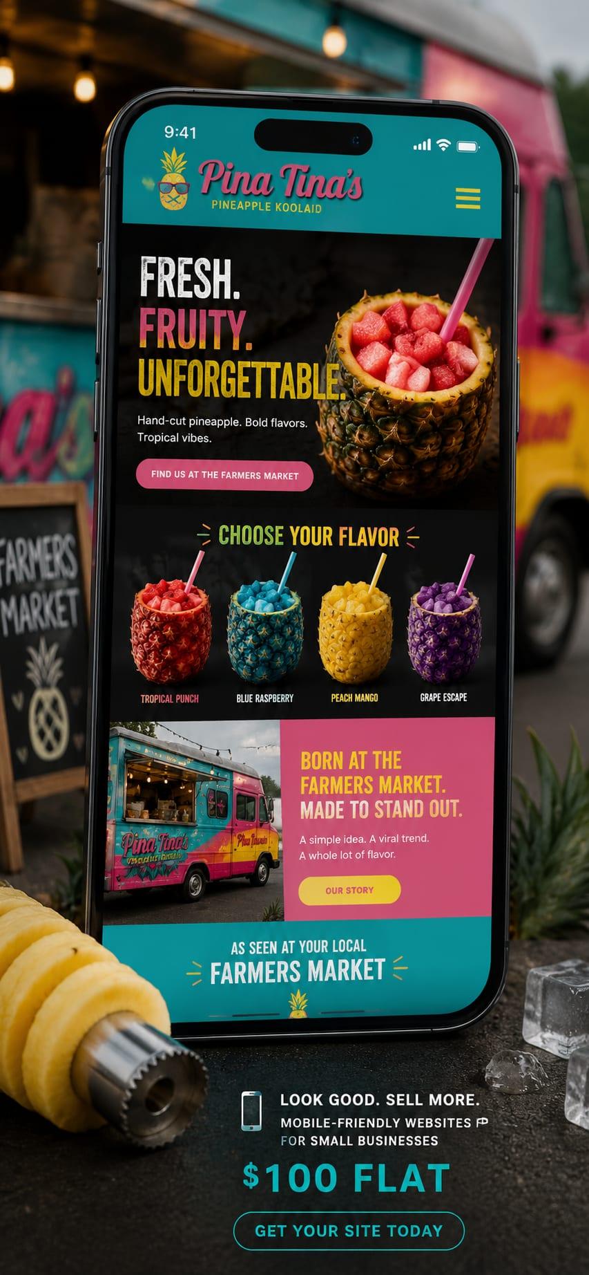 Pina Tina's, a fictional demo drink-stand website built by Site Upgrader, shown on a phone at a farmers market